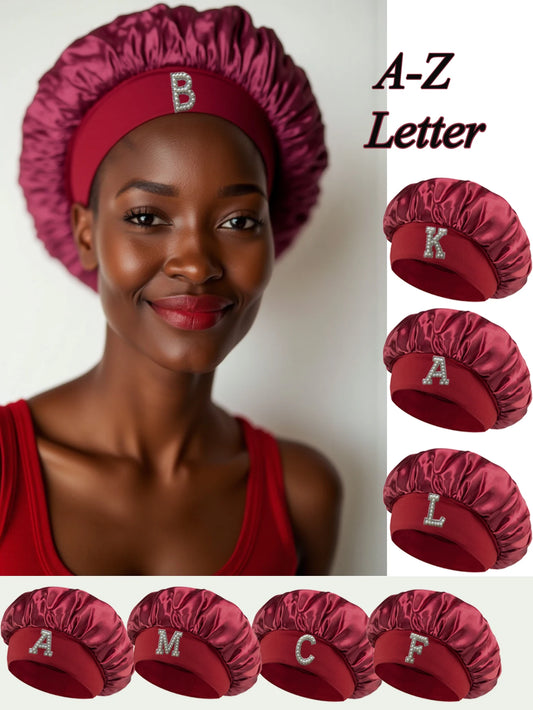 1PC Bonnet Printed A-Z Letter Personalization Hair Caps For Sleeping Satin Wide Brimmed Eastic Cap For Curly And Straight Hair