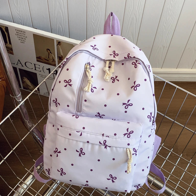 Quilted Bow Print Backpack – Large Capacity Multi-Pocket Bag for Women & Girls