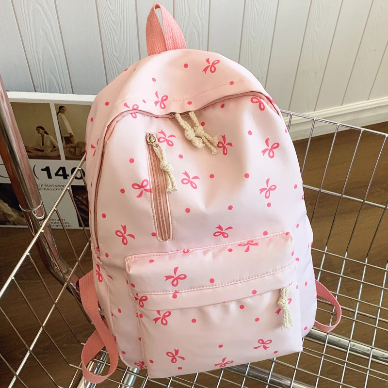 Quilted Bow Print Backpack – Large Capacity Multi-Pocket Bag for Women & Girls