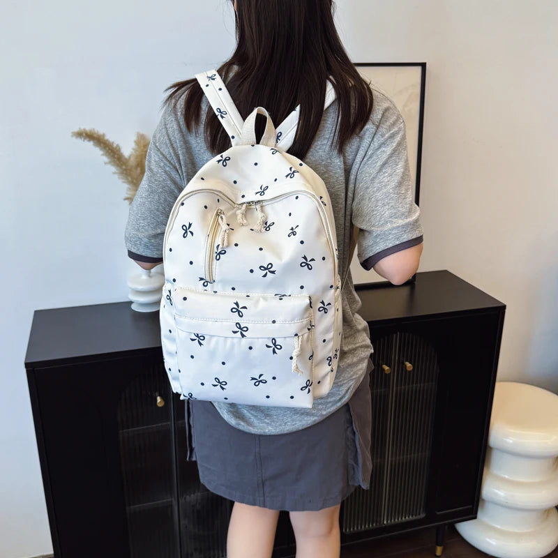 Quilted Bow Print Backpack – Large Capacity Multi-Pocket Bag for Women & Girls