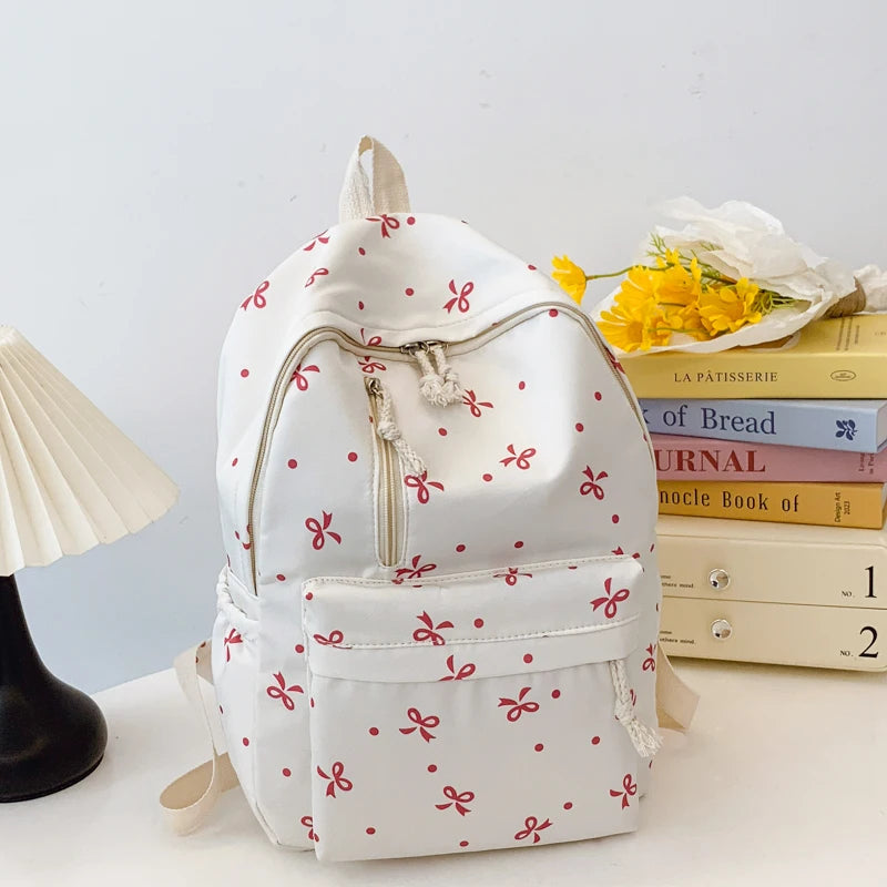 Quilted Bow Print Backpack – Large Capacity Multi-Pocket Bag for Women & Girls