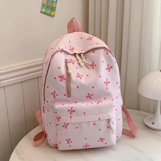 Quilted Bow Print Backpack – Large Capacity Multi-Pocket Bag for Women & Girls