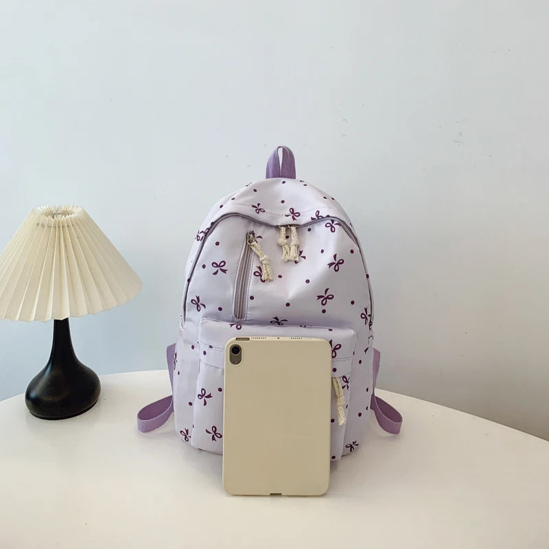 Quilted Bow Print Backpack – Large Capacity Multi-Pocket Bag for Women & Girls