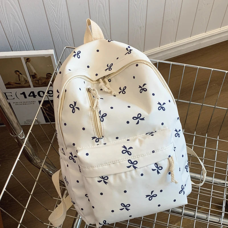 Quilted Bow Print Backpack – Large Capacity Multi-Pocket Bag for Women & Girls