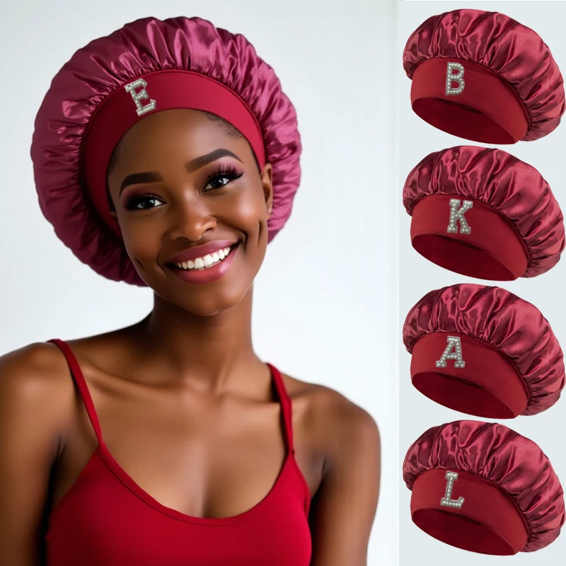 1PC Bonnet Printed A-Z Letter Personalization Hair Caps For Sleeping Satin Wide Brimmed Eastic Cap For Curly And Straight Hair