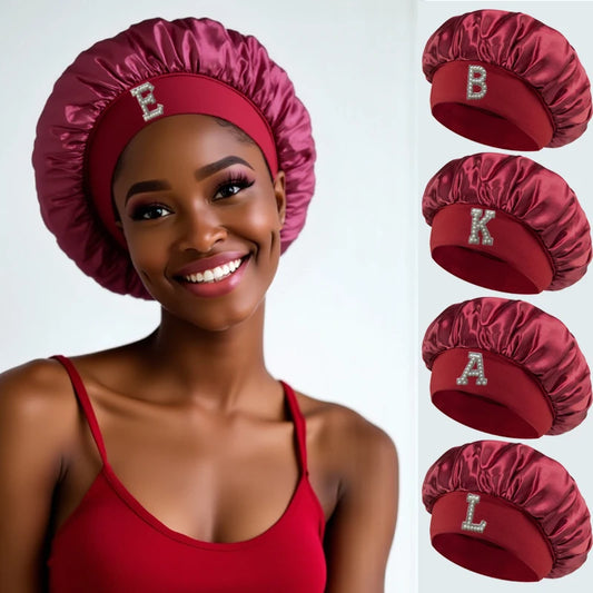 1PC Bonnet Printed A-Z Letter Personalization Hair Caps For Sleeping Satin Wide Brimmed Eastic Cap For Curly And Straight Hair