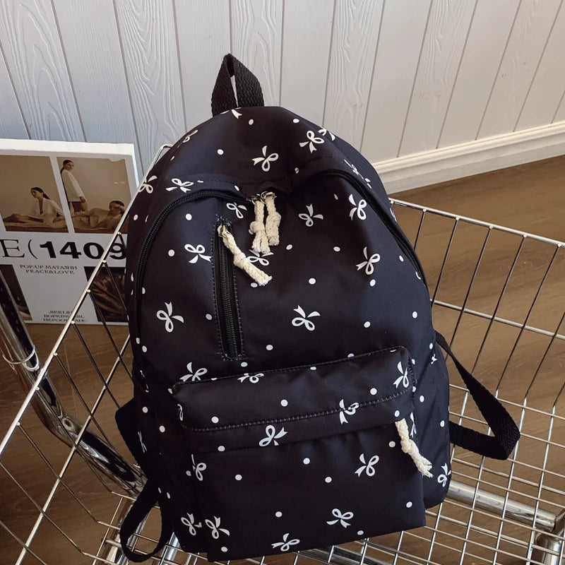 Quilted Bow Print Backpack – Large Capacity Multi-Pocket Bag for Women & Girls