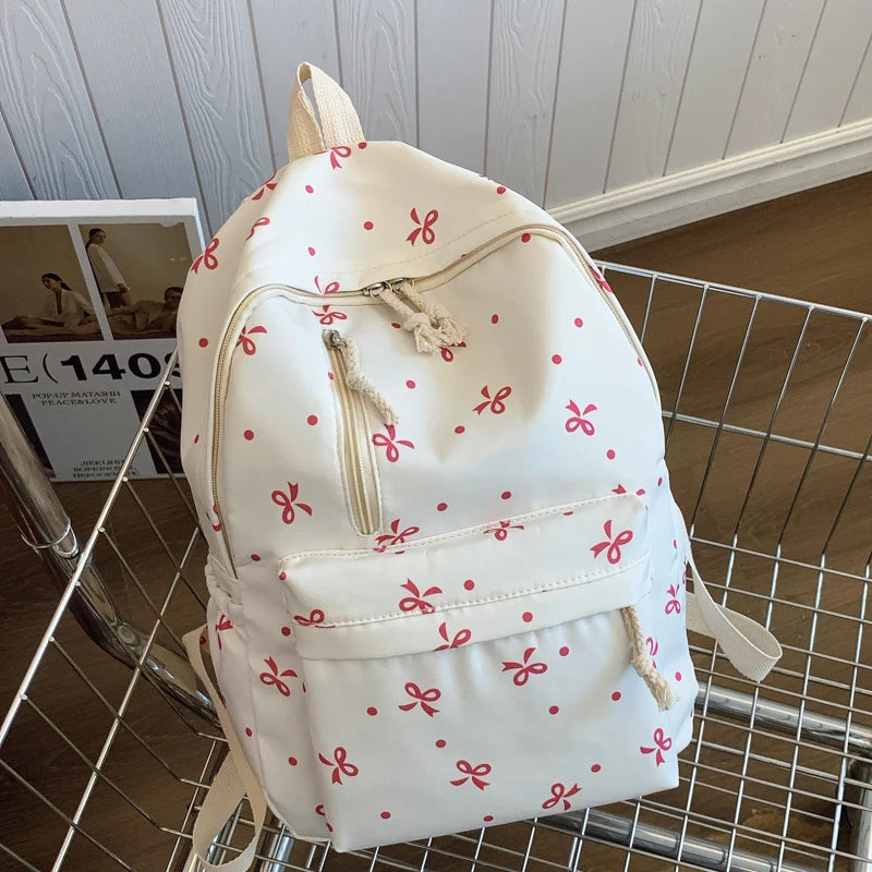 Quilted Bow Print Backpack – Large Capacity Multi-Pocket Bag for Women & Girls
